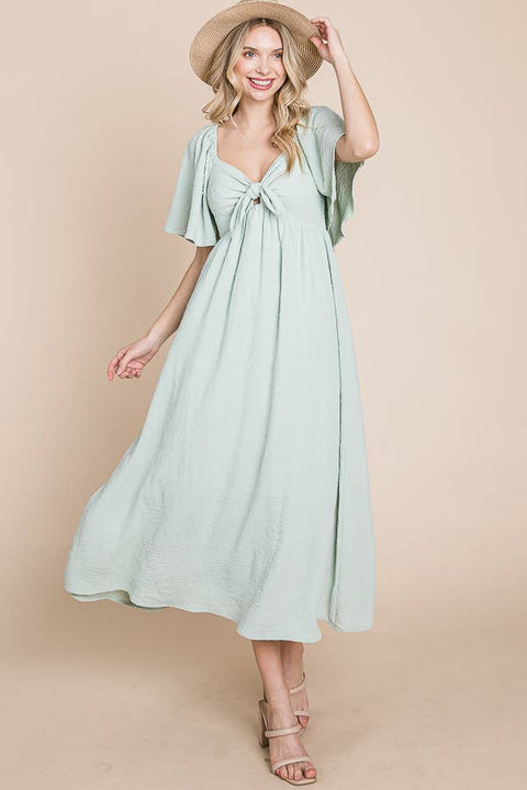 *BEST OF BEST* Dot Flared Maxi Dress w Front Bow - Sage