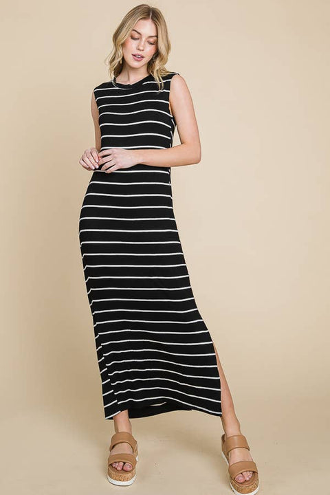 Striped Maxi Dress with Side Slit in Black & Ivory