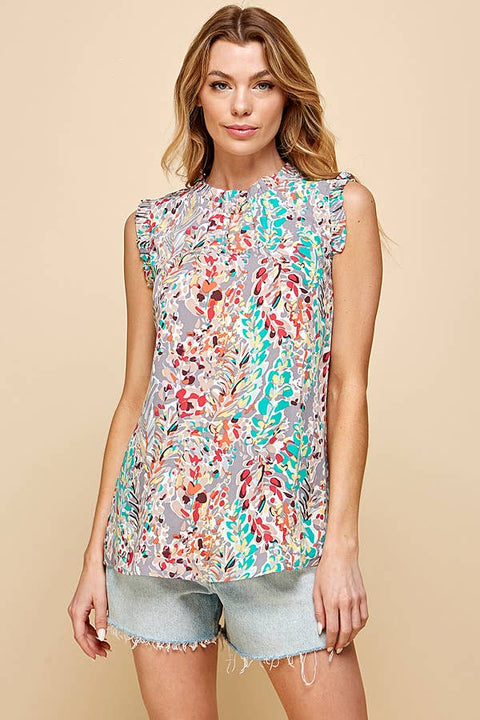 Tropical Floral Ruffle Shoulder Sleeveless Top