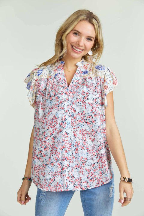 RUFFLE SLEEVE FLORAL BLOUSE