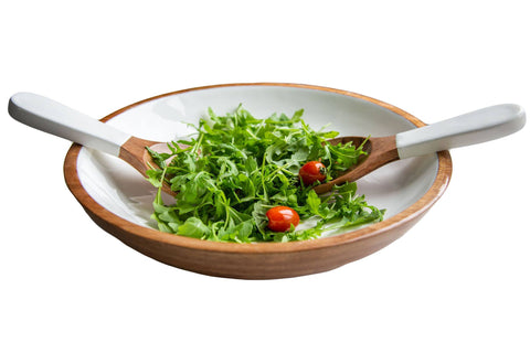 Wood & White Salad Bowl Servers Set, Large