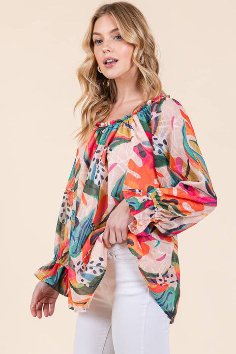 Millie Modern Abstract Tropical Long Sleeve Blouse