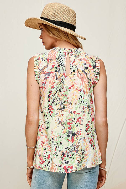 Tropical Floral Ruffle Shoulder Sleeveless Top
