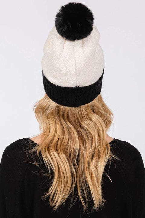 Two Tone Fleeced Pom Pom Beanie