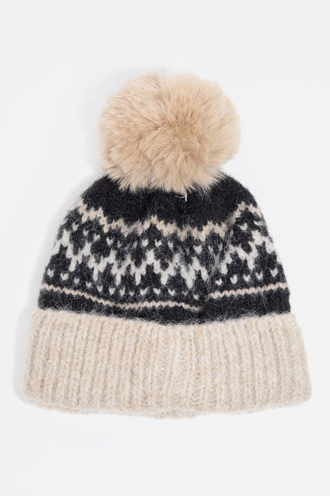 Nordic Pattern Knit Pom Pom Beanie