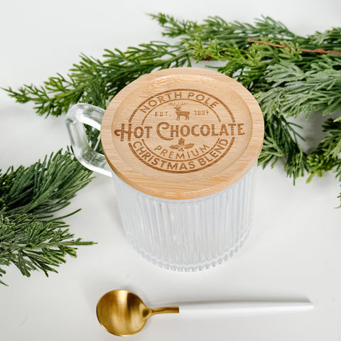 Holiday Mug, Ribbed Clear Glass with Wood Lid
