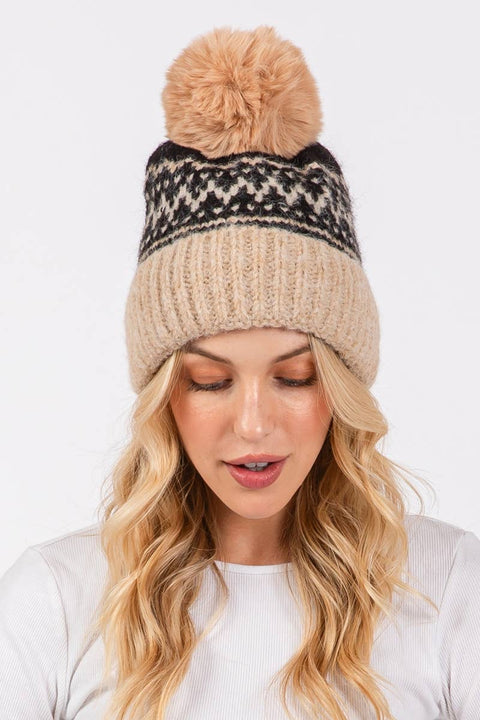 Nordic Pattern Knit Pom Pom Beanie