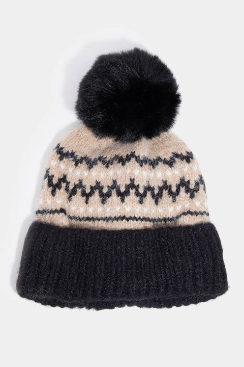 Nordic Pattern Knit Pom Pom Beanie