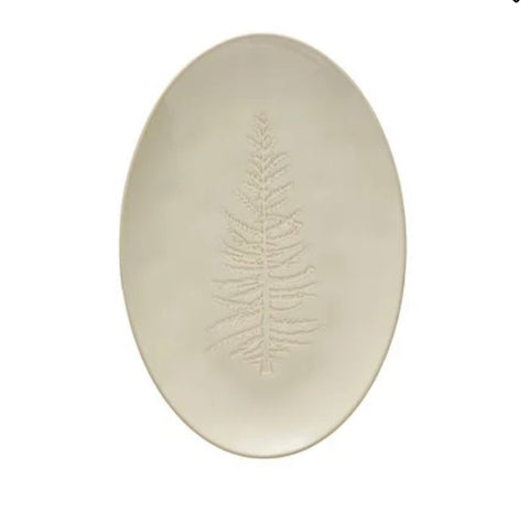 Oval Debossed Stoneware Platter w/ Tree Design, White
