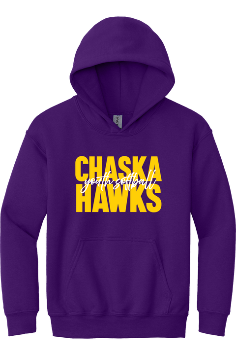 Chaska Hawks Youth Softball Block Script - Youth Heavyweight Hoodie, Purple