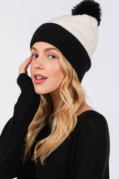 Two Tone Fleeced Pom Pom Beanie