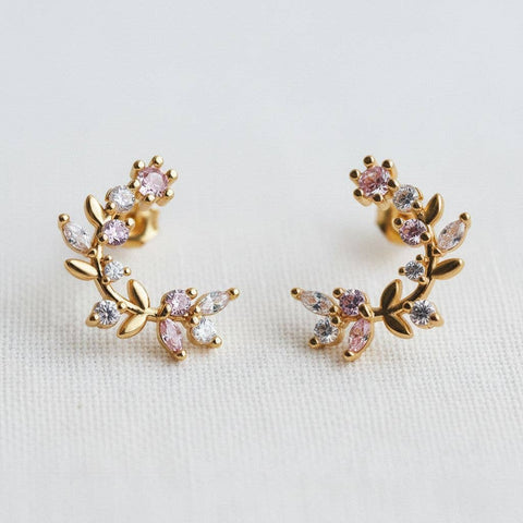 Vintage Inspired Cubic Zirconia Flower Leaf C-Shape Earrings