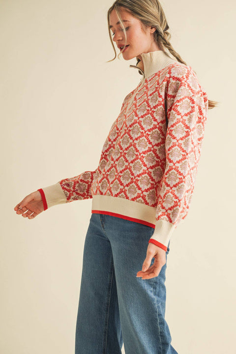 FLORAL MOCK NECK HALF ZIP PULLOVER