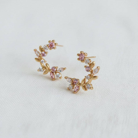 Vintage Inspired Cubic Zirconia Flower Leaf C-Shape Earrings