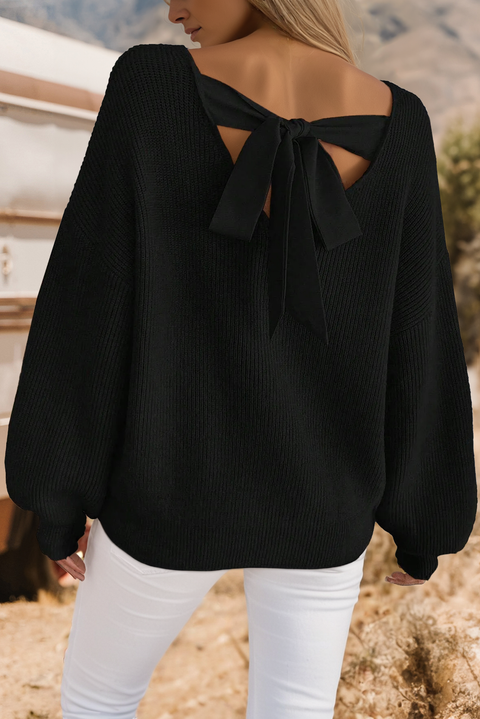 Fall Ribbed Knit Contrast Ribbon Knot Drop Shoulder Sweater