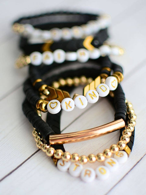 STRONG word bead black and gold inspirational bracelet set