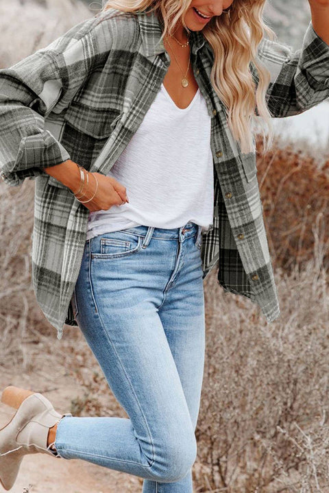 Medium Grey Plaid Shacket with Flap Pockets