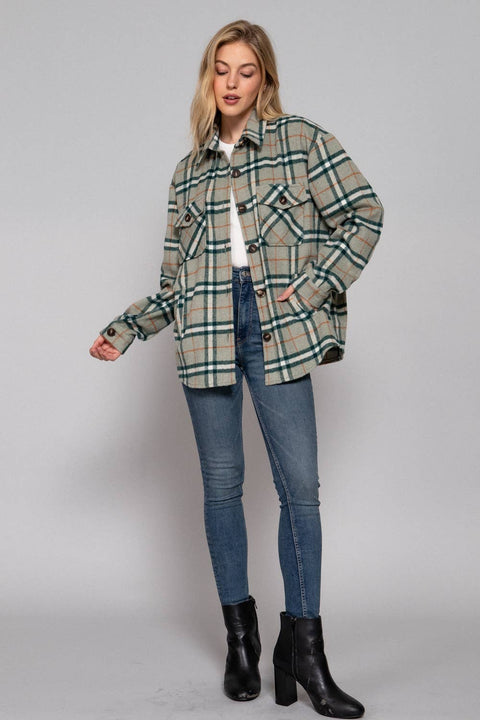 Long Sleeve Wool Blend Plaid Button Down Casual Jacket