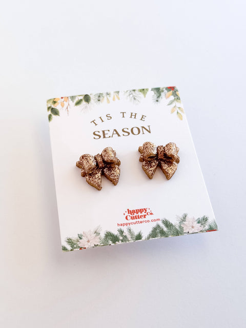 Christmas Studs - Gold Glitter Bow Holiday Stud Earrings