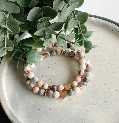 Heart + Pink Zebra Jasper + lava stone beaded bracelet