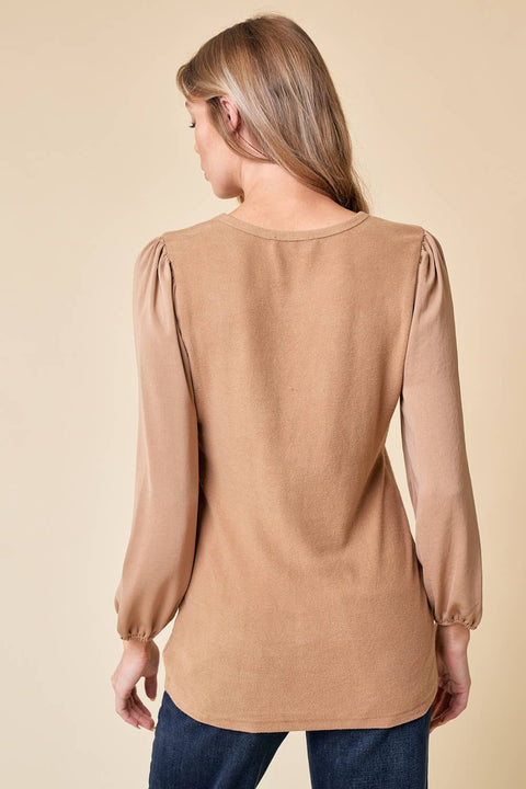 Kaitlyn Woven Puff Sleeve Knit Top, Camel