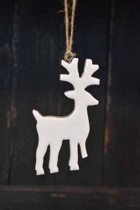 Wooden Hanging Reindeer w/ White Enamel 2.25x3.25in