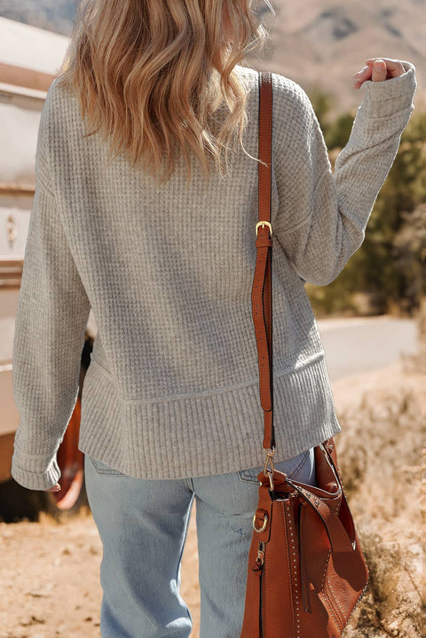 Waffle Texture Knit Ribbed High Neck Drop Shoulder Sweater