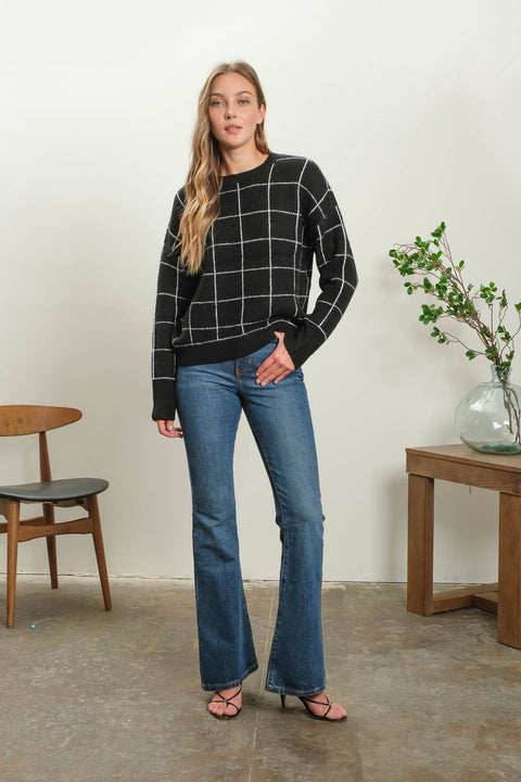 Grid Print Relaxed Fit Sweater, Black