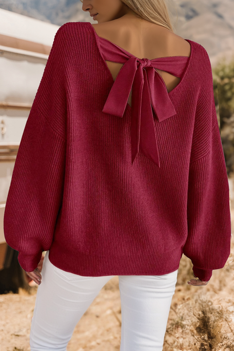 Fall Ribbed Knit Contrast Ribbon Knot Drop Shoulder Sweater