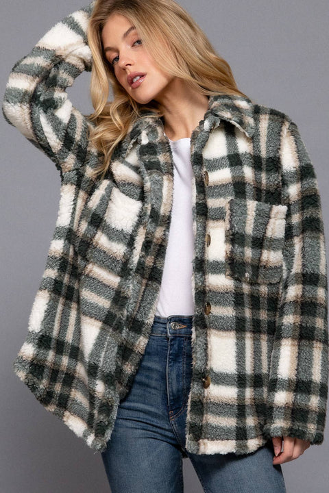 Long Sleeve Button Down Oversize Printed Faux Fur Jacket