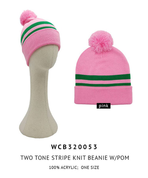 Two Tone Stripe Knit Pom Beanie
