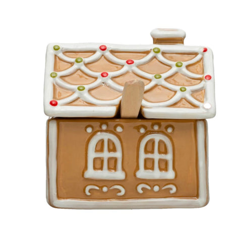 8 oz. Hand-Painted Ceramic Gingerbread House Sugar Pot w/ Wood Spoon