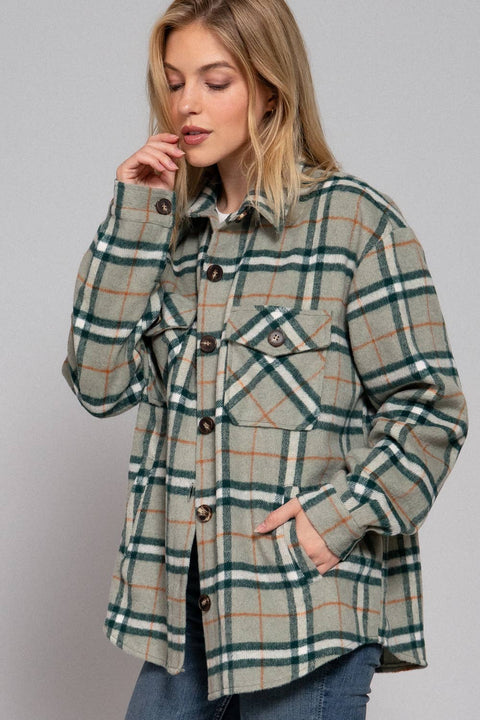 Long Sleeve Wool Blend Plaid Button Down Casual Jacket