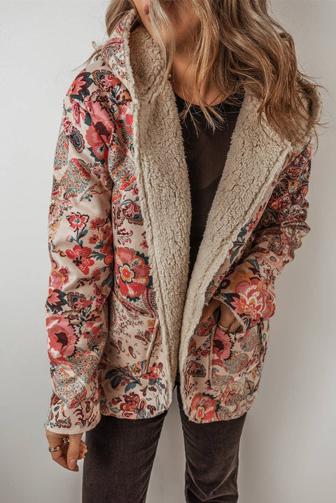 Paisley Floral Print Sherpa Lined Hooded Jacket | S-3XL