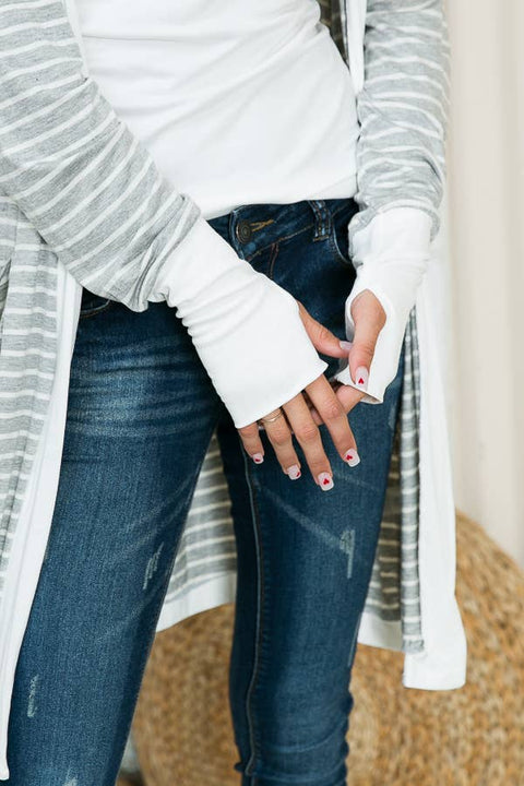 Harper Cozy White/Black Stripe Cardigan with Thumb Hole