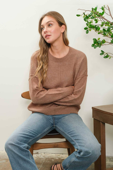 SOLID CREWNECK FRONT SEAM KNIT SWEATER