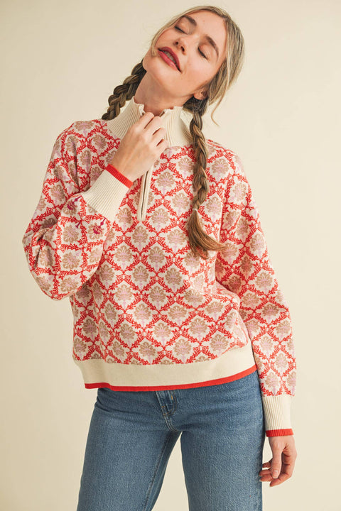 FLORAL MOCK NECK HALF ZIP PULLOVER