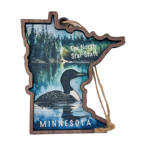 Minnesota State Shaped Blue Bayou Loon 3 Layer Wood Ornament