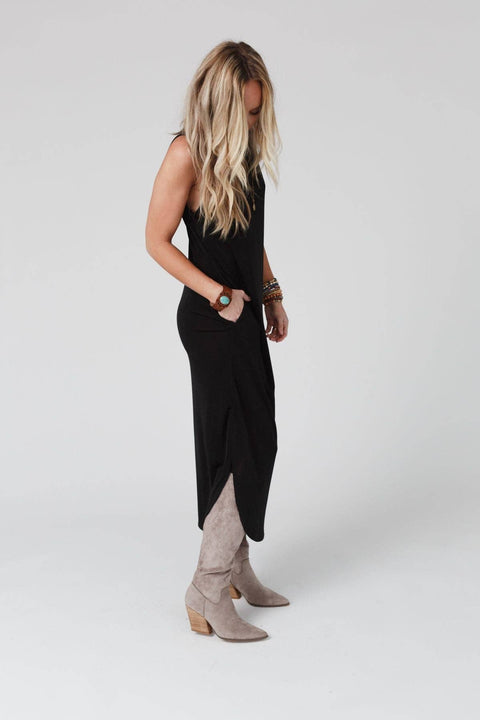 Cassie Sleeveless Pocket Slinky Maxi Dress - Black