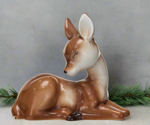 Ceramic Lying Fawn, Brown & White