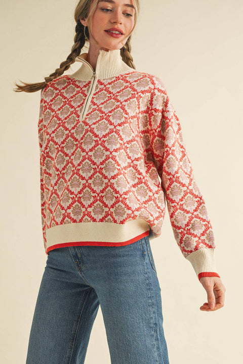 FLORAL MOCK NECK HALF ZIP PULLOVER