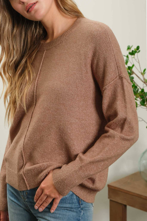 SOLID CREWNECK FRONT SEAM KNIT SWEATER