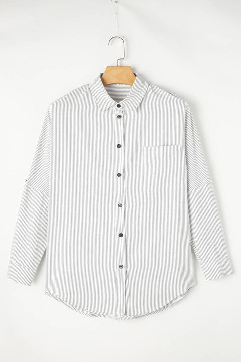 Stripe Roll-tab Sleeve Pocketed Long Shirt