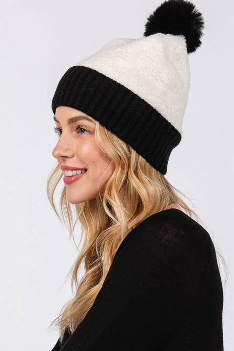 Two Tone Fleeced Pom Pom Beanie