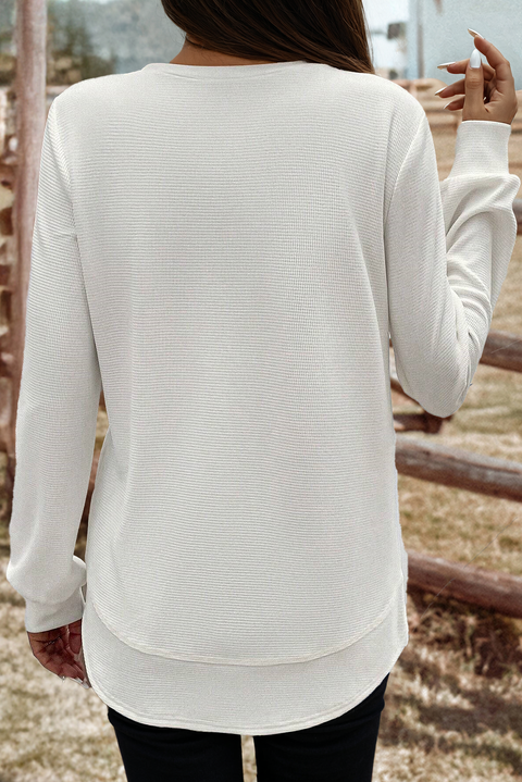 Fashion-W Rounded Hem Waffle Long Sleeve Top