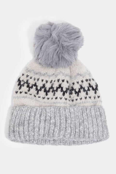 Nordic Pattern Knit Pom Pom Beanie