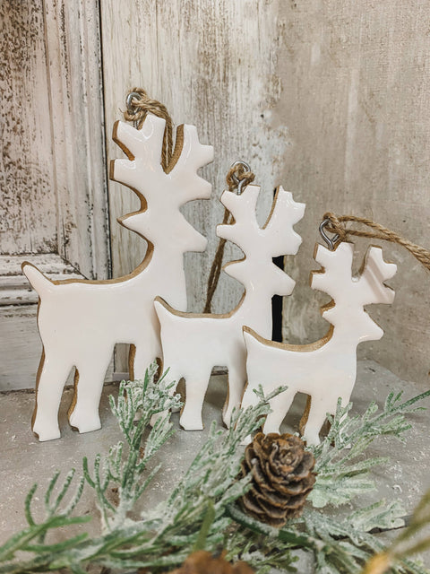 Wooden Hanging Reindeer w/ White Enamel 2.25x3.25in