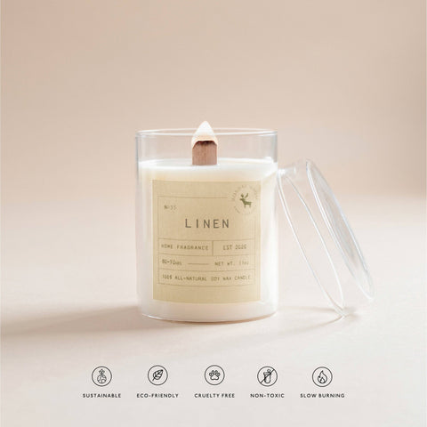 Linen Signature Soy Wax Candle, 11 oz wood wick