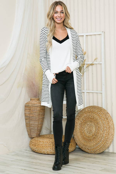 Harper Cozy White/Black Stripe Cardigan with Thumb Hole