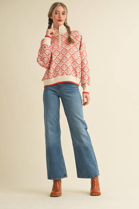 FLORAL MOCK NECK HALF ZIP PULLOVER